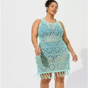 New! Torrid sz 2 Aruba Blue Crochet Fringe Swim Bathing Suit Cover-Up Dress 2X